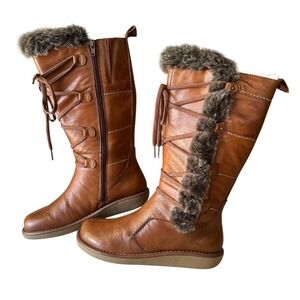 Very‎ Volatile Leather Log Cabin Faux Fur Boots Knee High Side Zip Lace Up *READ